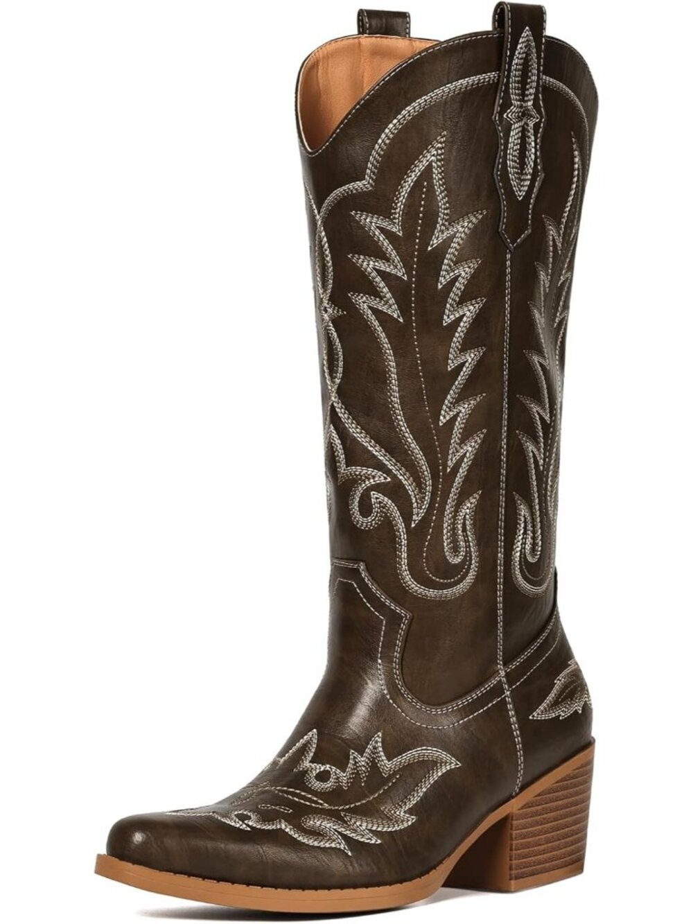Women Pu Taupe Pull-On Western Mid-Calf Cowboy Snip Toe Chunky Block Heel - Picture 4 of 6